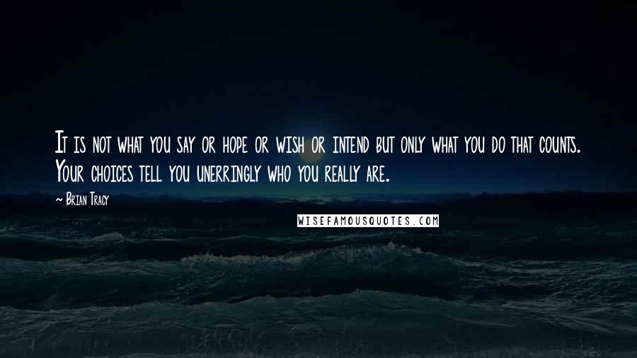 Brian Tracy Quotes: It is not what you say or hope or wish or intend but only what you do that counts. Your choices tell you unerringly who you really are.