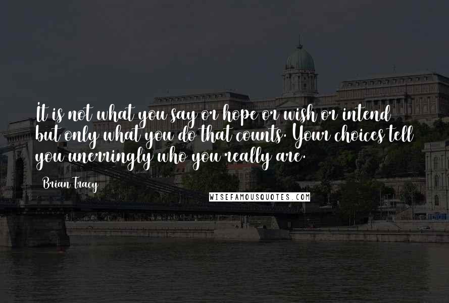 Brian Tracy Quotes: It is not what you say or hope or wish or intend but only what you do that counts. Your choices tell you unerringly who you really are.