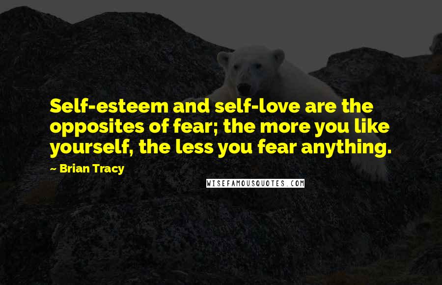 Brian Tracy Quotes: Self-esteem and self-love are the opposites of fear; the more you like yourself, the less you fear anything.