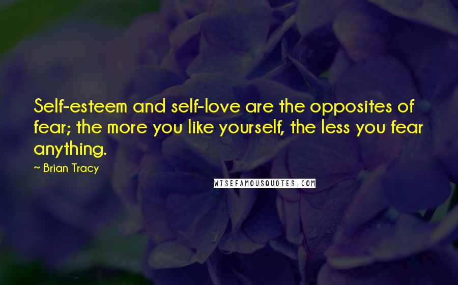 Brian Tracy Quotes: Self-esteem and self-love are the opposites of fear; the more you like yourself, the less you fear anything.