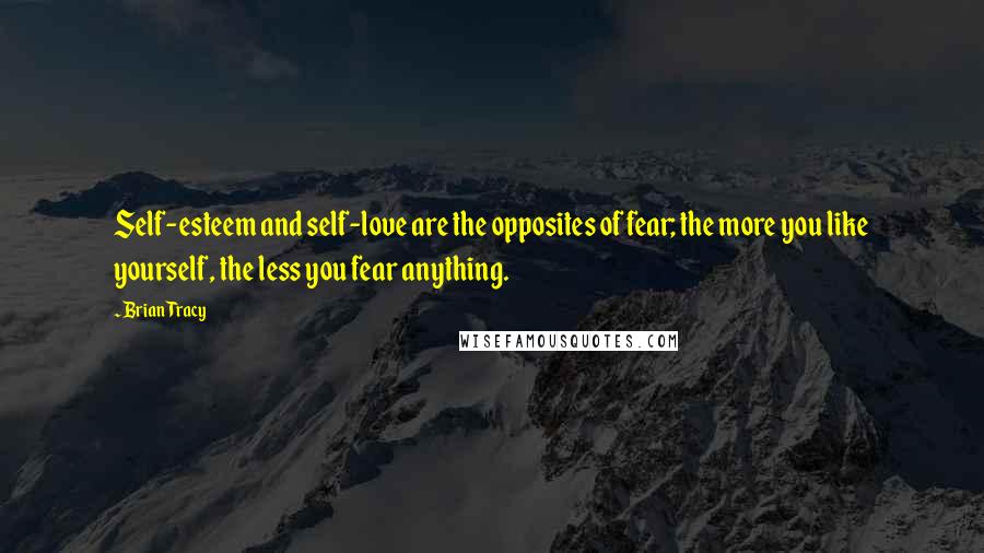 Brian Tracy Quotes: Self-esteem and self-love are the opposites of fear; the more you like yourself, the less you fear anything.