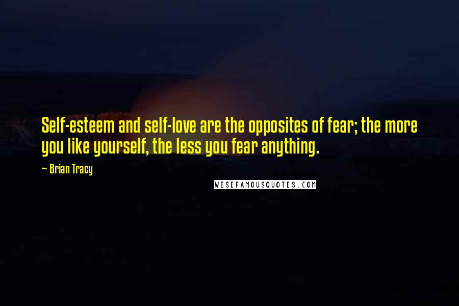 Brian Tracy Quotes: Self-esteem and self-love are the opposites of fear; the more you like yourself, the less you fear anything.