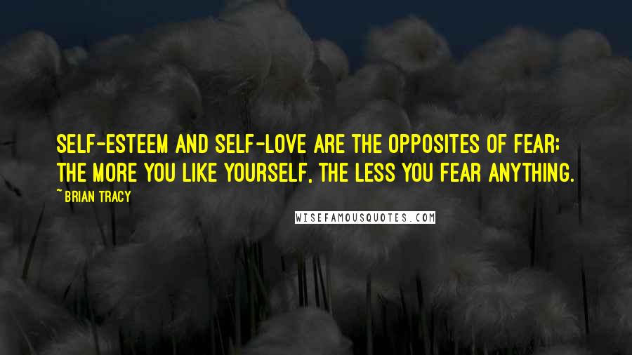 Brian Tracy Quotes: Self-esteem and self-love are the opposites of fear; the more you like yourself, the less you fear anything.