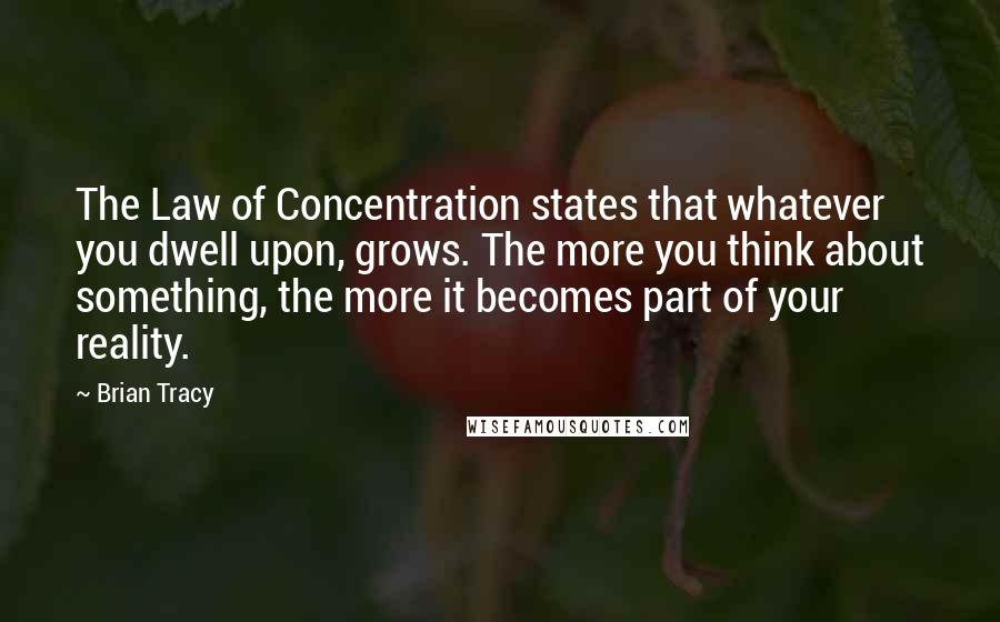 Brian Tracy Quotes: The Law of Concentration states that whatever you dwell upon, grows. The more you think about something, the more it becomes part of your reality.