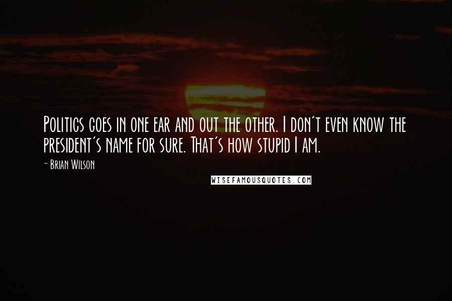 Brian Wilson Quotes: Politics goes in one ear and out the other. I don't even know the president's name for sure. That's how stupid I am.