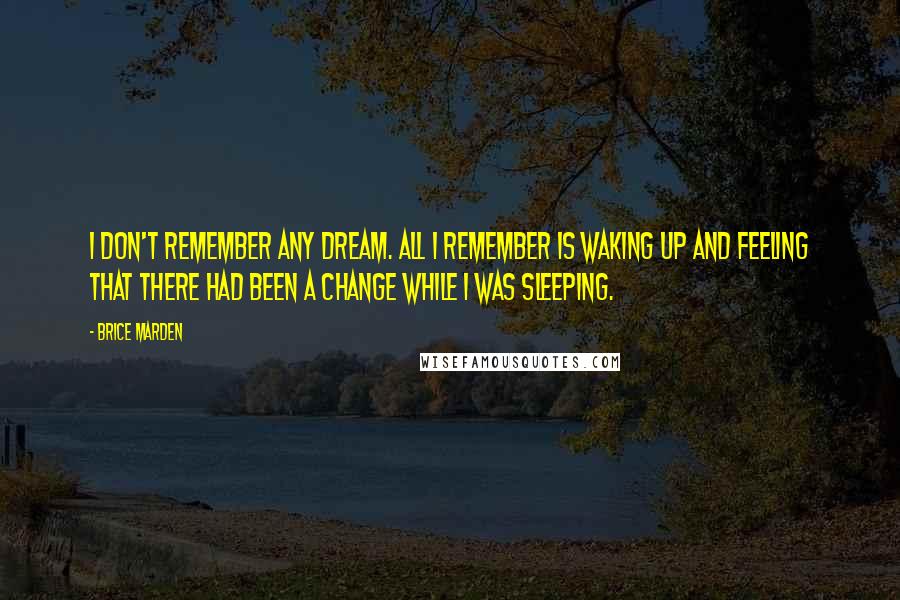 Brice Marden Quotes: I don't remember any dream. All I remember is waking up and feeling that there had been a change while I was sleeping.