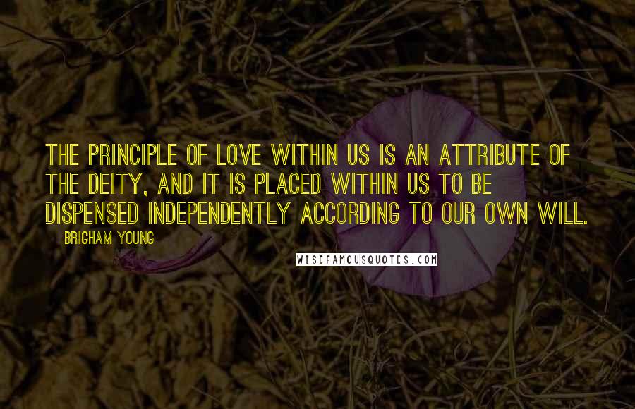 Brigham Young Quotes: The principle of love within us is an attribute of the Deity, and it is placed within us to be dispensed independently according to our own will.