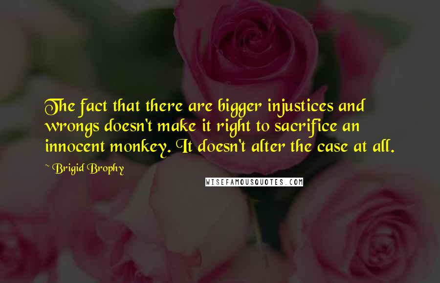 Brigid Brophy Quotes: The fact that there are bigger injustices and wrongs doesn't make it right to sacrifice an innocent monkey. It doesn't alter the case at all.