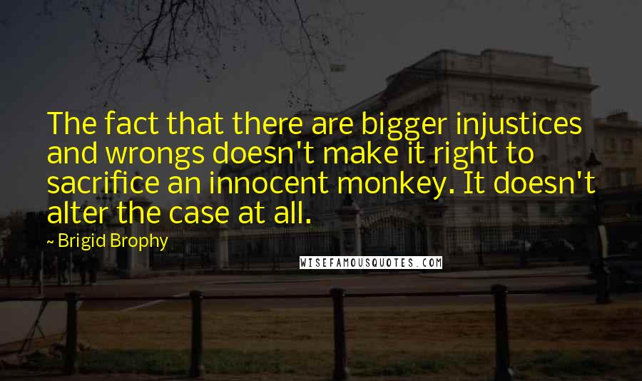Brigid Brophy Quotes: The fact that there are bigger injustices and wrongs doesn't make it right to sacrifice an innocent monkey. It doesn't alter the case at all.