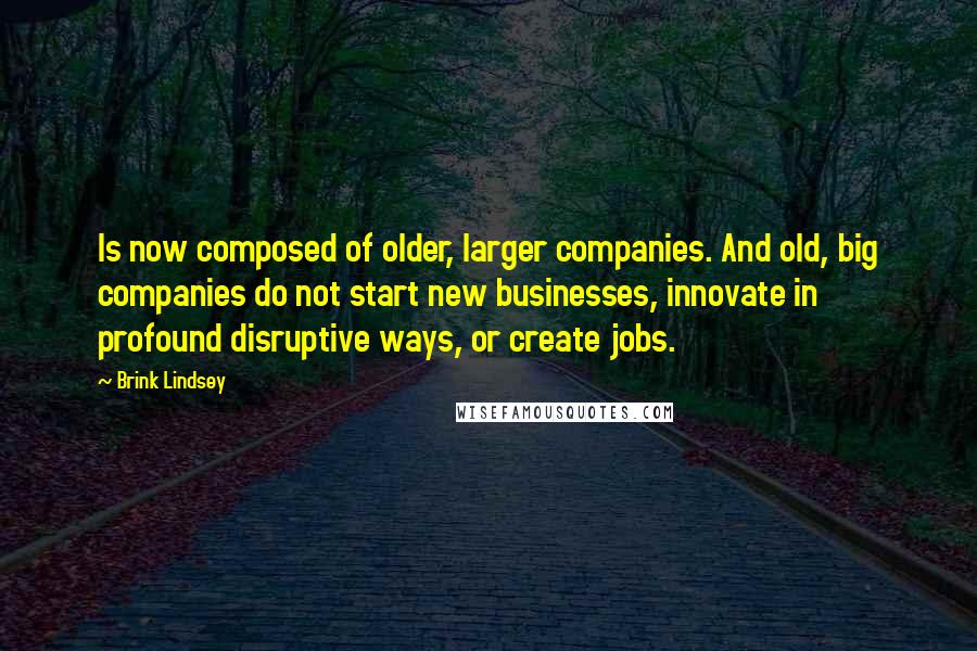 Brink Lindsey Quotes: Is now composed of older, larger companies. And old, big companies do not start new businesses, innovate in profound disruptive ways, or create jobs.
