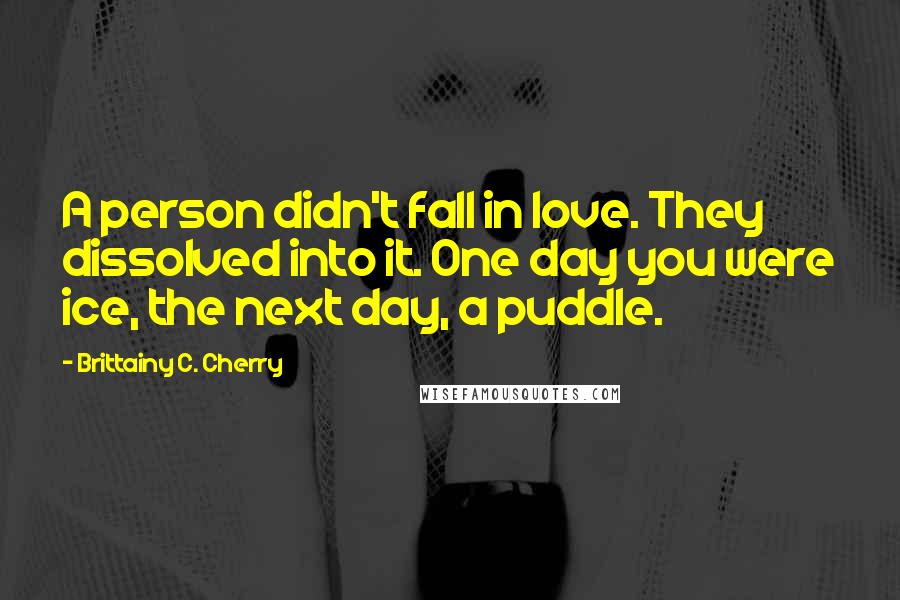 Brittainy C. Cherry Quotes: A person didn't fall in love. They dissolved into it. One day you were ice, the next day, a puddle.