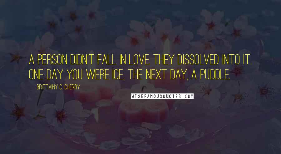 Brittainy C. Cherry Quotes: A person didn't fall in love. They dissolved into it. One day you were ice, the next day, a puddle.