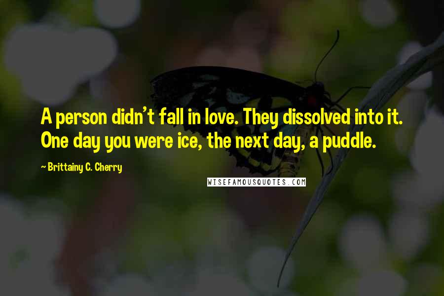 Brittainy C. Cherry Quotes: A person didn't fall in love. They dissolved into it. One day you were ice, the next day, a puddle.