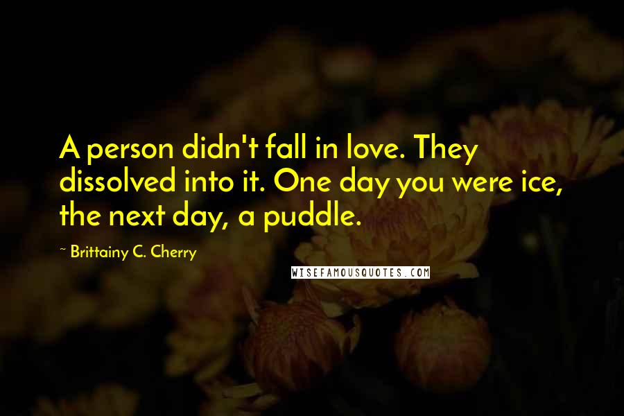 Brittainy C. Cherry Quotes: A person didn't fall in love. They dissolved into it. One day you were ice, the next day, a puddle.