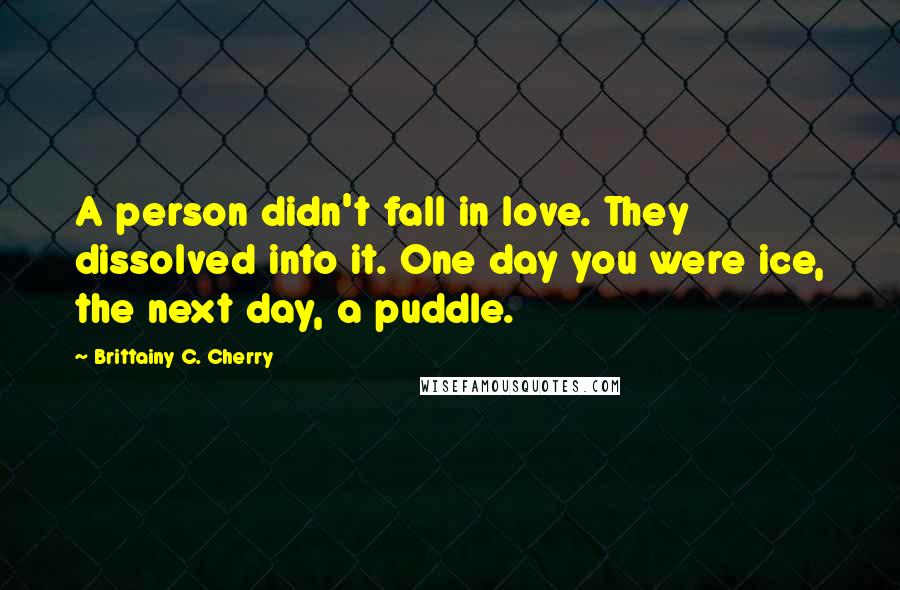 Brittainy C. Cherry Quotes: A person didn't fall in love. They dissolved into it. One day you were ice, the next day, a puddle.