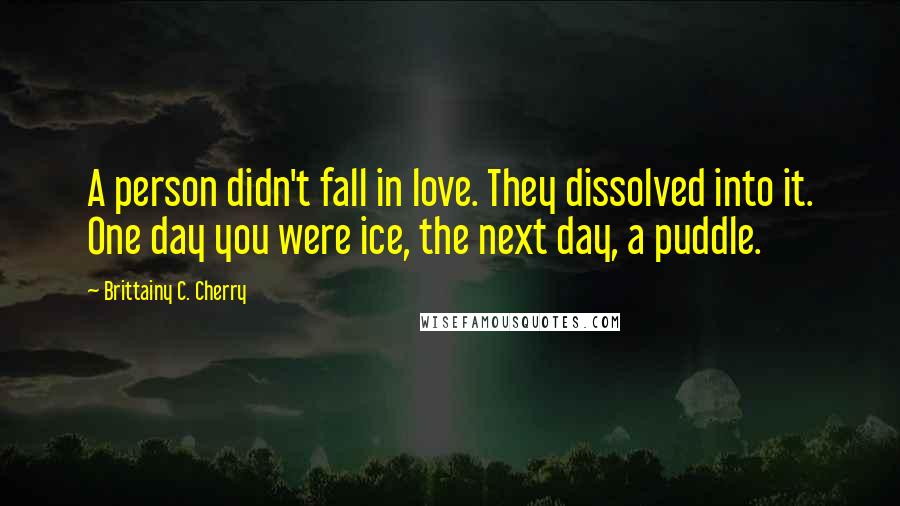 Brittainy C. Cherry Quotes: A person didn't fall in love. They dissolved into it. One day you were ice, the next day, a puddle.