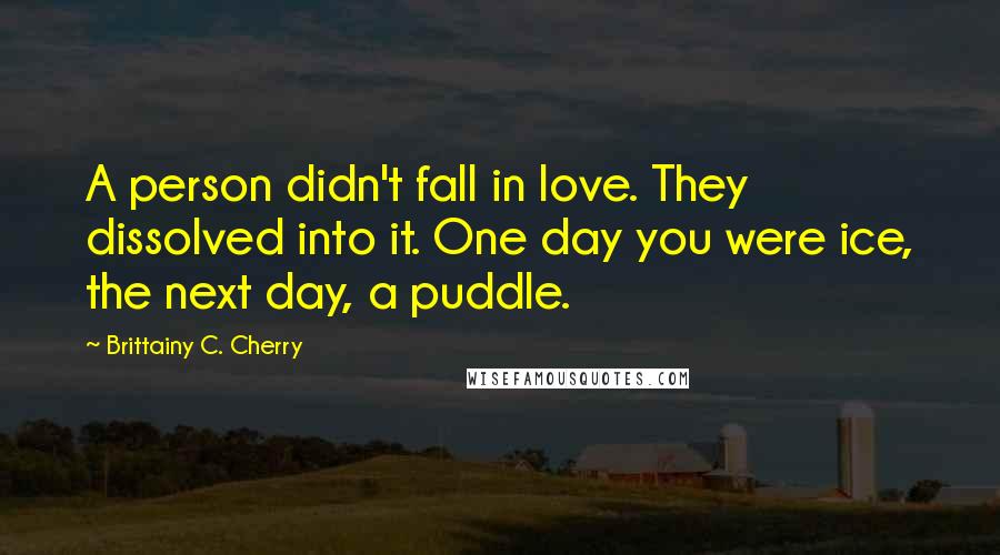 Brittainy C. Cherry Quotes: A person didn't fall in love. They dissolved into it. One day you were ice, the next day, a puddle.