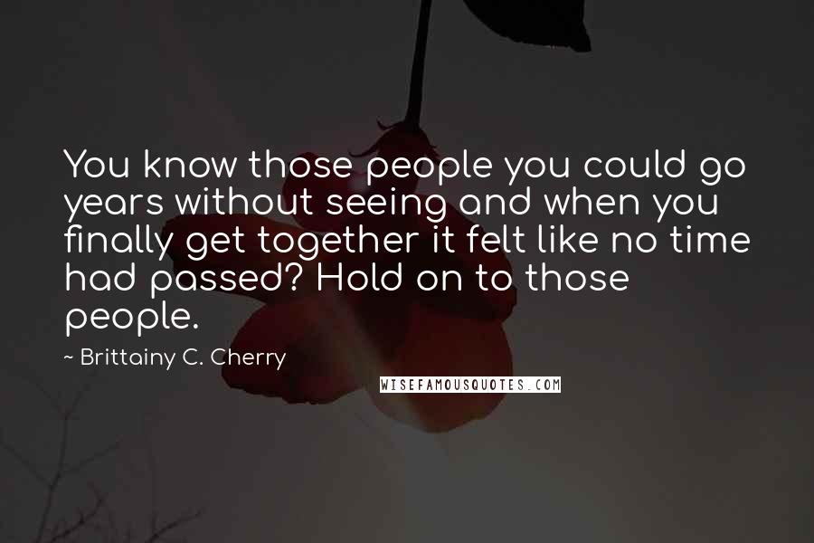 Brittainy C. Cherry Quotes: You know those people you could go years without seeing and when you finally get together it felt like no time had passed? Hold on to those people.