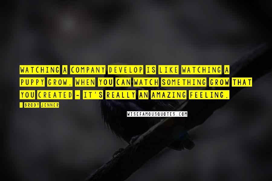 Brody Jenner Quotes: Watching a company develop is like watching a puppy grow. When you can watch something grow that you created - it's really an amazing feeling.