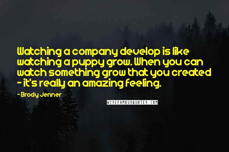 Brody Jenner Quotes: Watching a company develop is like watching a puppy grow. When you can watch something grow that you created - it's really an amazing feeling.