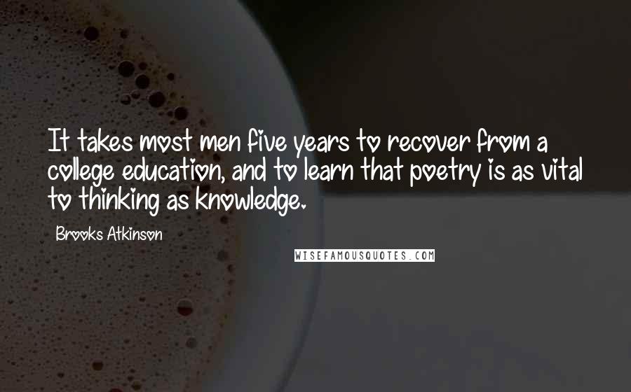 Brooks Atkinson Quotes: It takes most men five years to recover from a college education, and to learn that poetry is as vital to thinking as knowledge.