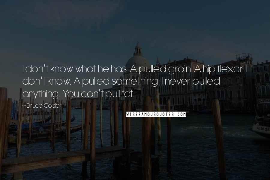Bruce Coslet Quotes: I don't know what he has. A pulled groin. A hip flexor. I don't know. A pulled something. I never pulled anything. You can't pull fat.