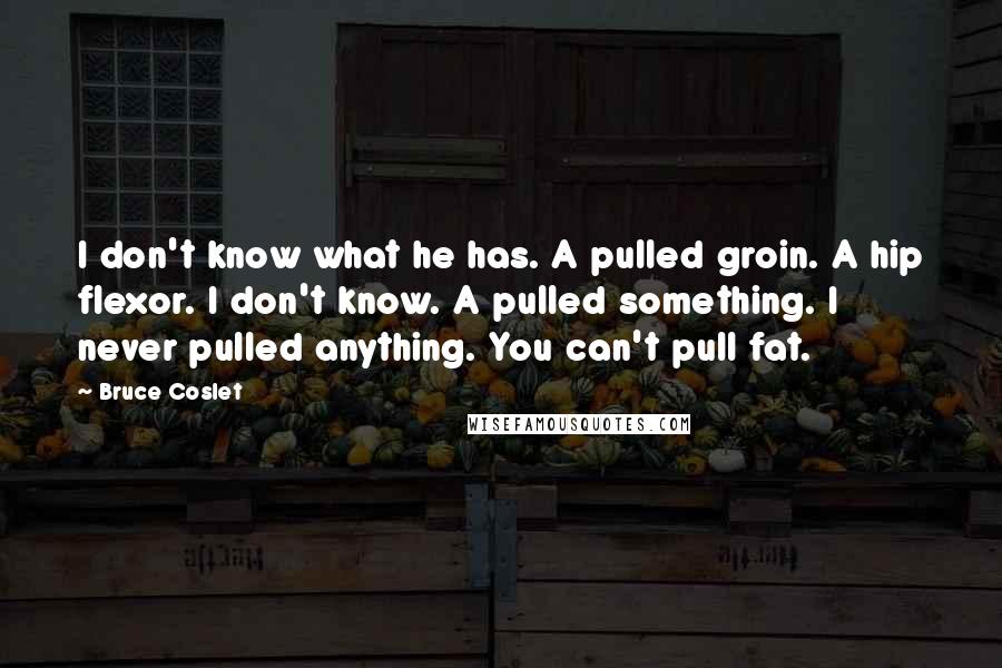 Bruce Coslet Quotes: I don't know what he has. A pulled groin. A hip flexor. I don't know. A pulled something. I never pulled anything. You can't pull fat.