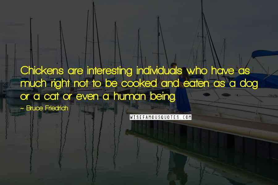 Bruce Friedrich Quotes: Chickens are interesting individuals who have as much right not to be cooked and eaten as a dog or a cat or even a human being.