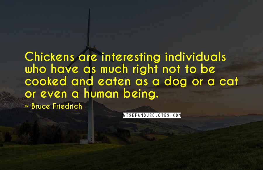 Bruce Friedrich Quotes: Chickens are interesting individuals who have as much right not to be cooked and eaten as a dog or a cat or even a human being.