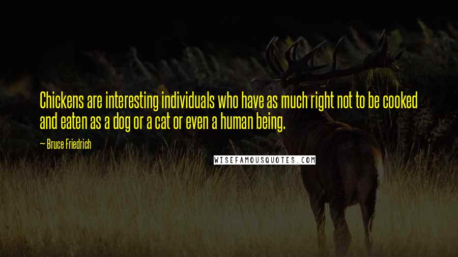 Bruce Friedrich Quotes: Chickens are interesting individuals who have as much right not to be cooked and eaten as a dog or a cat or even a human being.
