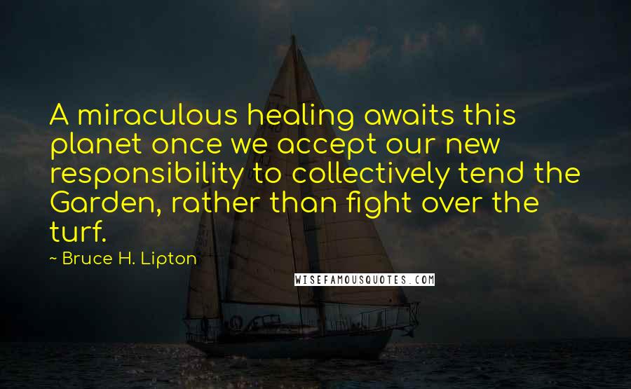 Bruce H. Lipton Quotes: A miraculous healing awaits this planet once we accept our new responsibility to collectively tend the Garden, rather than fight over the turf.
