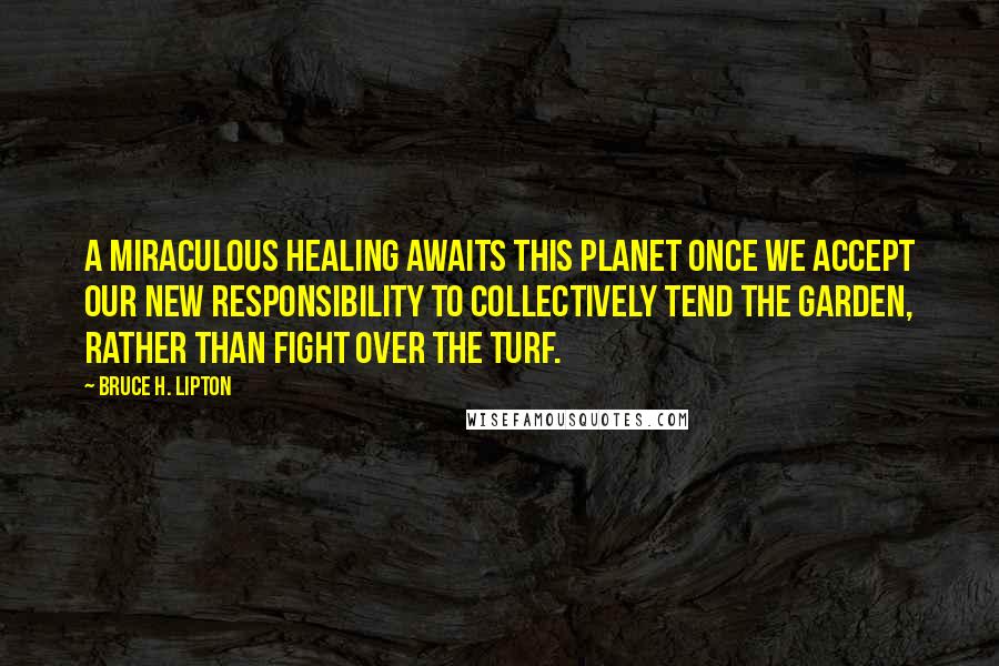 Bruce H. Lipton Quotes: A miraculous healing awaits this planet once we accept our new responsibility to collectively tend the Garden, rather than fight over the turf.