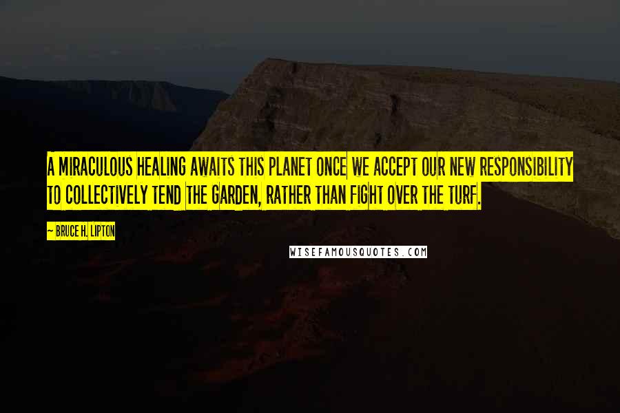 Bruce H. Lipton Quotes: A miraculous healing awaits this planet once we accept our new responsibility to collectively tend the Garden, rather than fight over the turf.