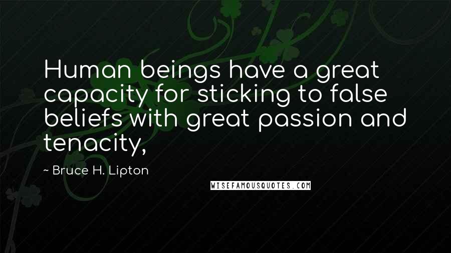 Bruce H. Lipton Quotes: Human beings have a great capacity for sticking to false beliefs with great passion and tenacity,