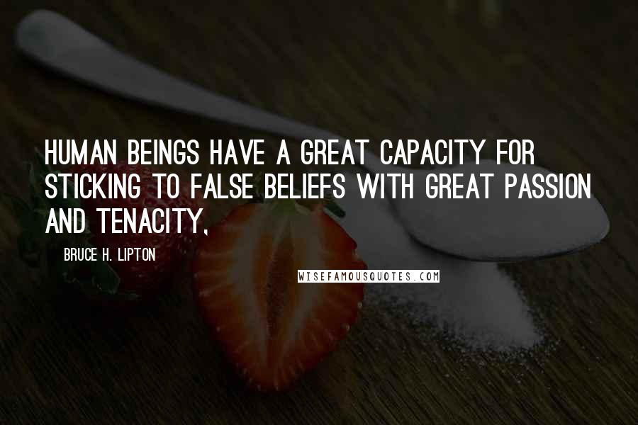 Bruce H. Lipton Quotes: Human beings have a great capacity for sticking to false beliefs with great passion and tenacity,