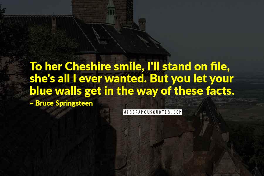 Bruce Springsteen Quotes: To her Cheshire smile, I'll stand on file, she's all I ever wanted. But you let your blue walls get in the way of these facts.