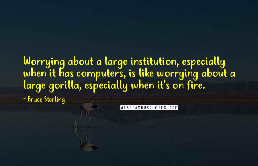 Bruce Sterling Quotes: Worrying about a large institution, especially when it has computers, is like worrying about a large gorilla, especially when it's on fire.
