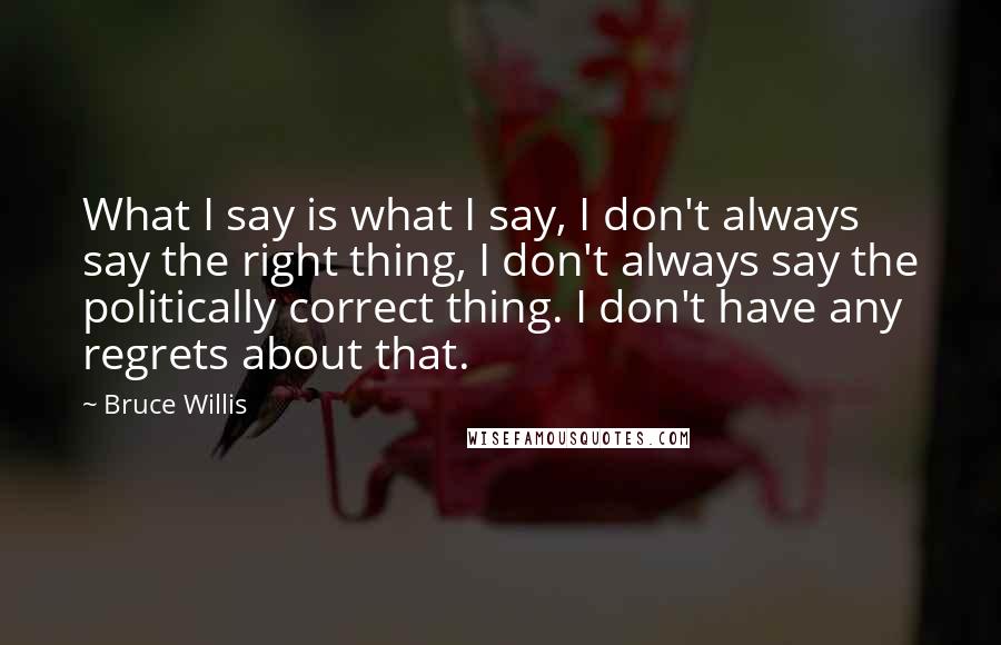Bruce Willis Quotes: What I say is what I say, I don't always say the right thing, I don't always say the politically correct thing. I don't have any regrets about that.