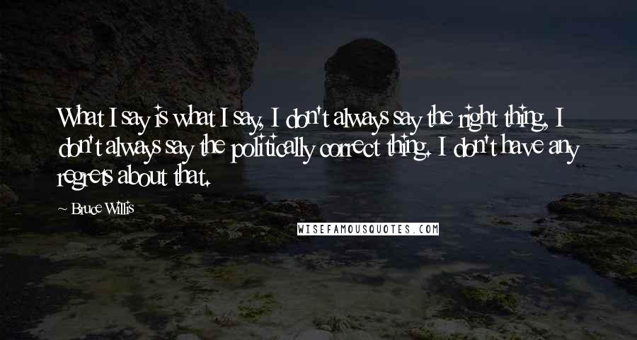Bruce Willis Quotes: What I say is what I say, I don't always say the right thing, I don't always say the politically correct thing. I don't have any regrets about that.