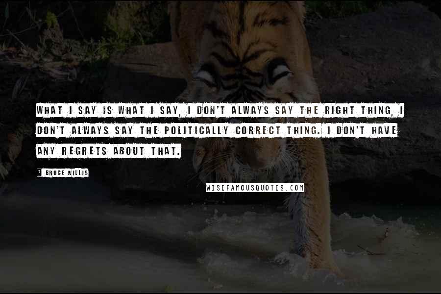 Bruce Willis Quotes: What I say is what I say, I don't always say the right thing, I don't always say the politically correct thing. I don't have any regrets about that.