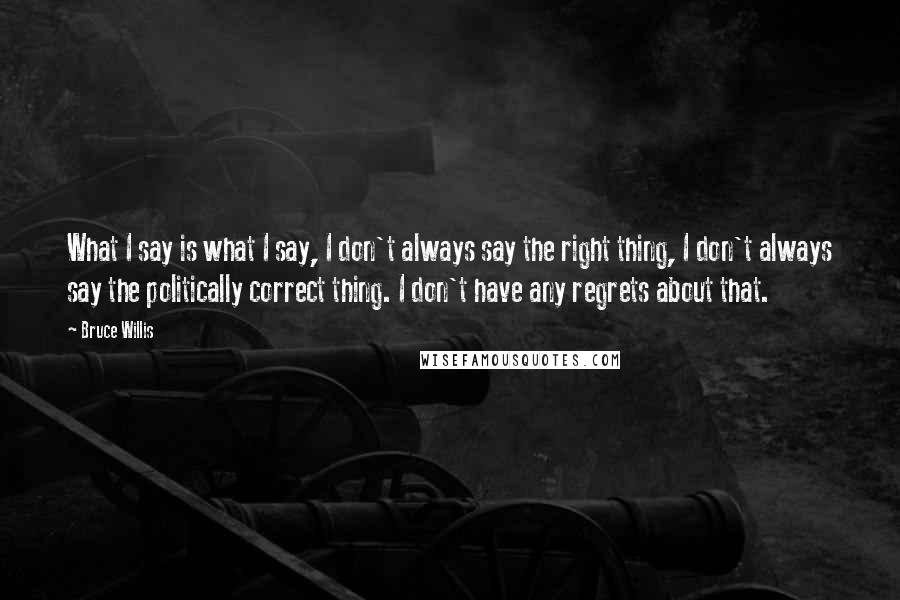 Bruce Willis Quotes: What I say is what I say, I don't always say the right thing, I don't always say the politically correct thing. I don't have any regrets about that.