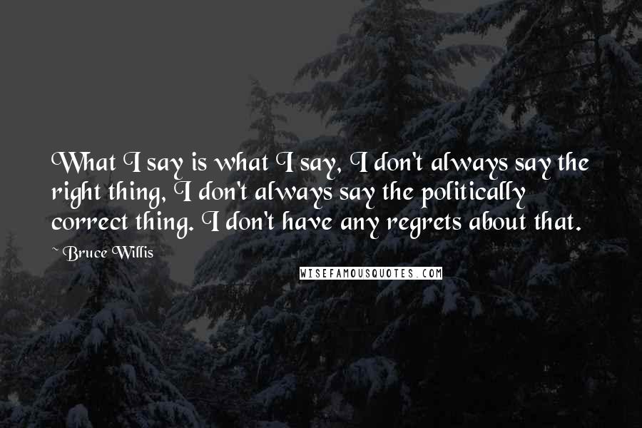 Bruce Willis Quotes: What I say is what I say, I don't always say the right thing, I don't always say the politically correct thing. I don't have any regrets about that.