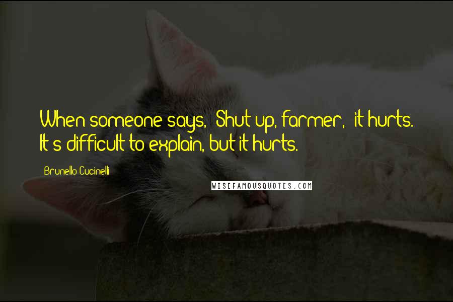 Brunello Cucinelli Quotes: When someone says, 'Shut up, farmer,' it hurts. It's difficult to explain, but it hurts.