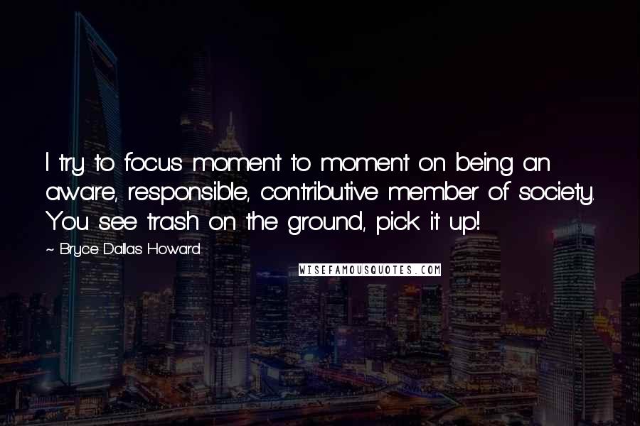 Bryce Dallas Howard Quotes: I try to focus moment to moment on being an aware, responsible, contributive member of society. You see trash on the ground, pick it up!