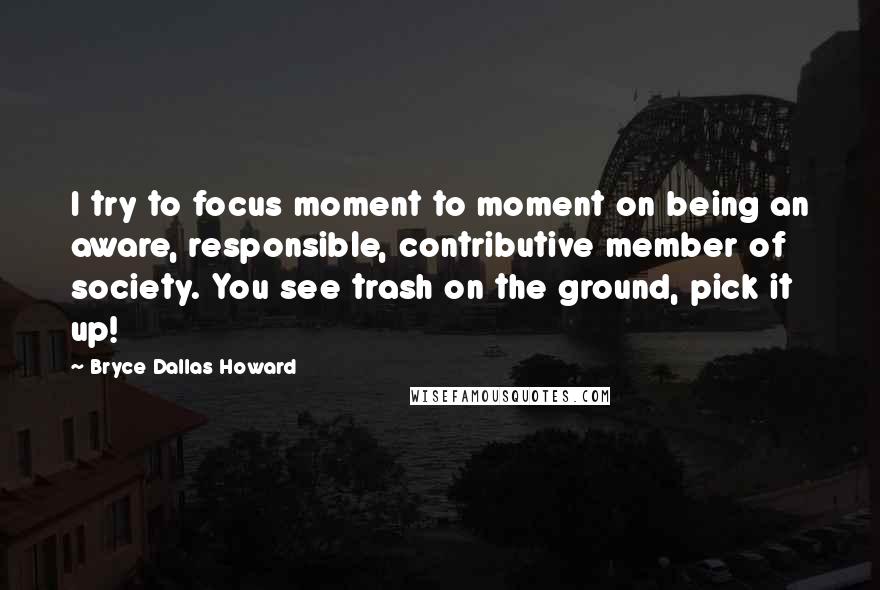 Bryce Dallas Howard Quotes: I try to focus moment to moment on being an aware, responsible, contributive member of society. You see trash on the ground, pick it up!