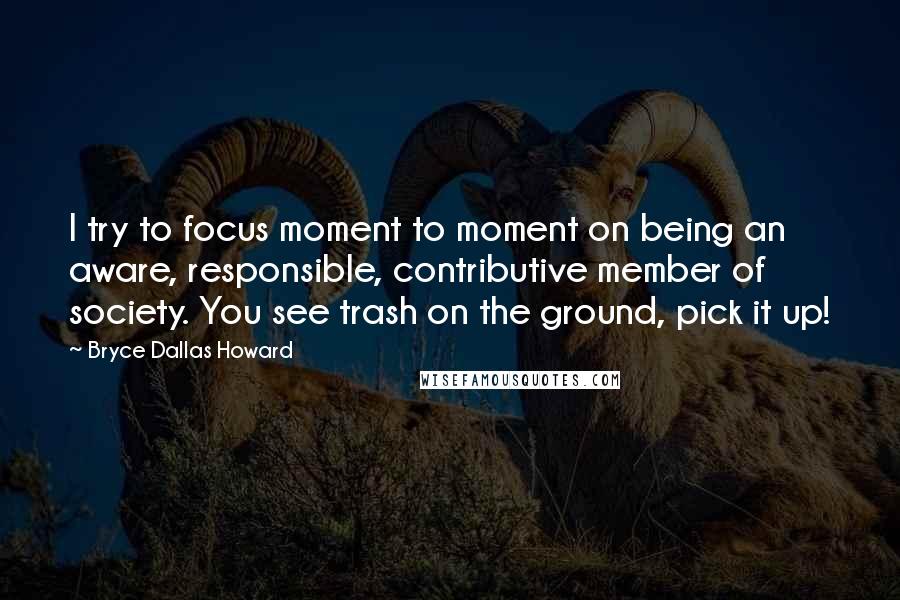 Bryce Dallas Howard Quotes: I try to focus moment to moment on being an aware, responsible, contributive member of society. You see trash on the ground, pick it up!