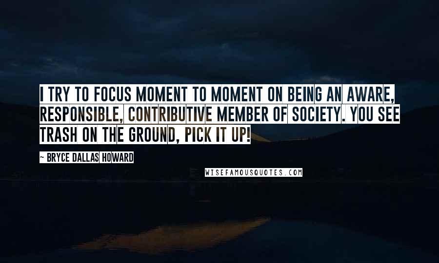 Bryce Dallas Howard Quotes: I try to focus moment to moment on being an aware, responsible, contributive member of society. You see trash on the ground, pick it up!