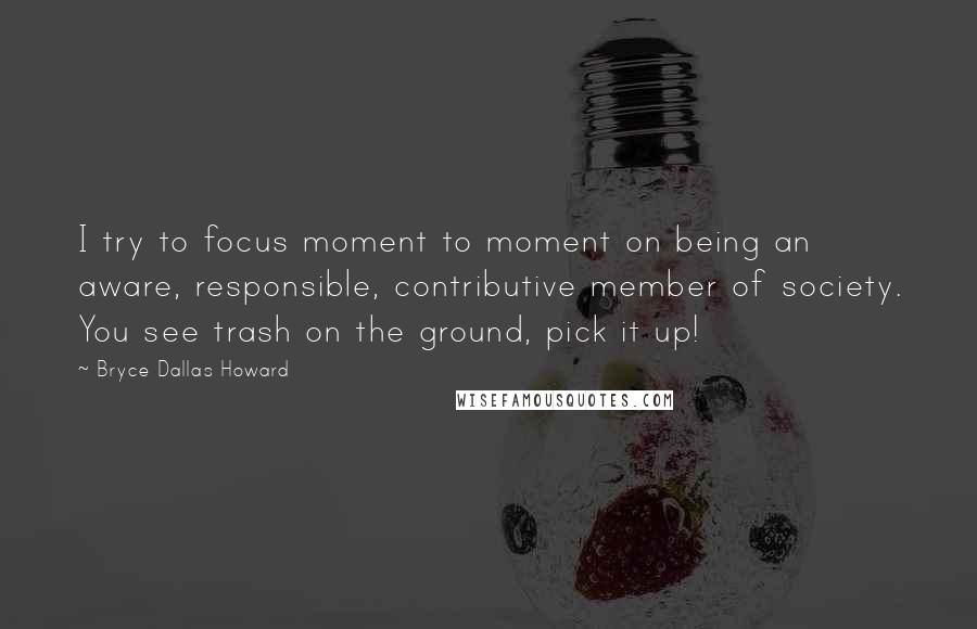 Bryce Dallas Howard Quotes: I try to focus moment to moment on being an aware, responsible, contributive member of society. You see trash on the ground, pick it up!