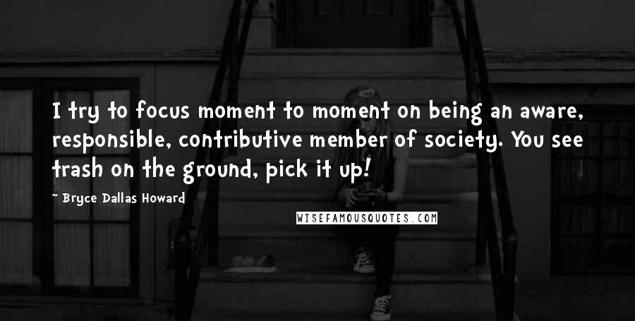 Bryce Dallas Howard Quotes: I try to focus moment to moment on being an aware, responsible, contributive member of society. You see trash on the ground, pick it up!