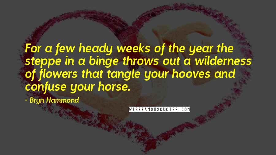 Bryn Hammond Quotes: For a few heady weeks of the year the steppe in a binge throws out a wilderness of flowers that tangle your hooves and confuse your horse.